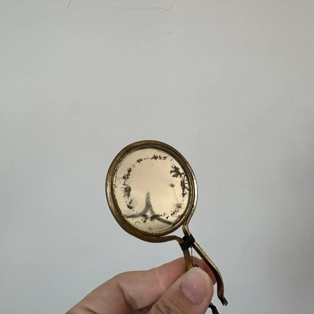 VTG Art Nouveau Small Hand Mirror‎ Gold Lady's Face Purse